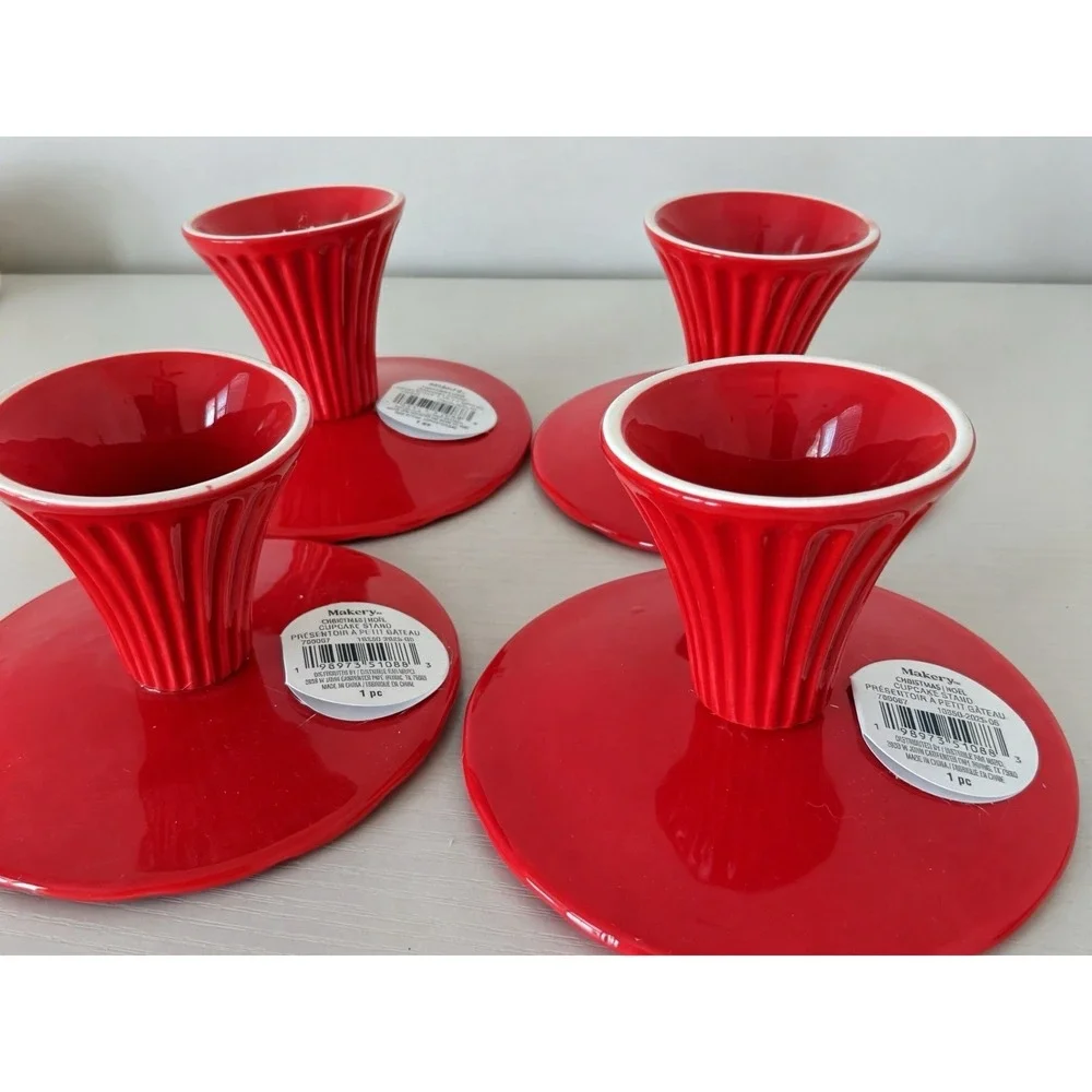 Lot (4) Christmas Mini Cupcake Stand Red Pedestal Dessert Tray Set Ceramic New